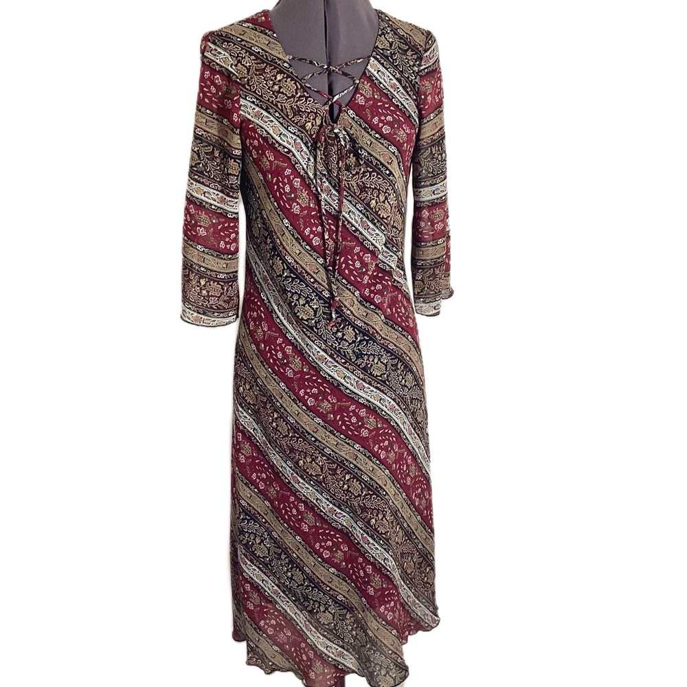 Y2K Vtg Striped Paisley Lace Up Midi Dress Size 6